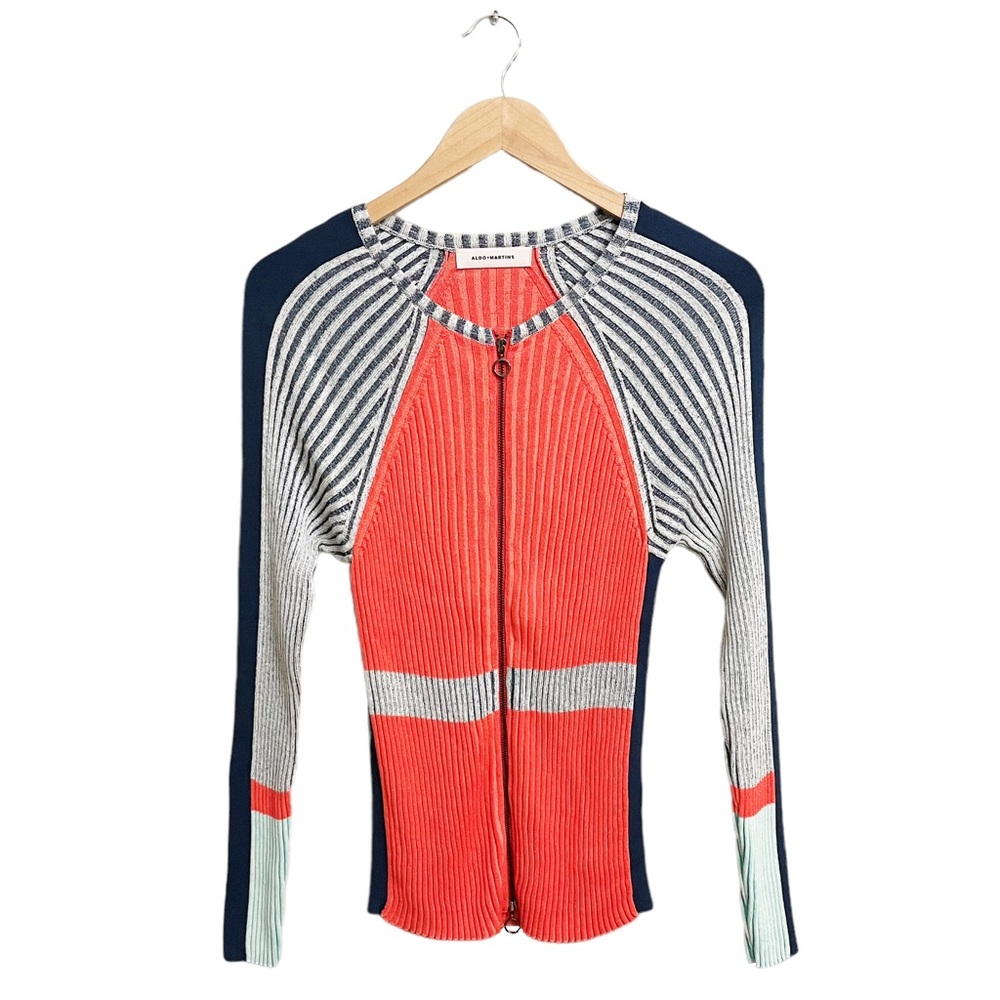 Colorblock Zip-Front Ribbed Jacket - Orange & Navy - Picture 2 of 6